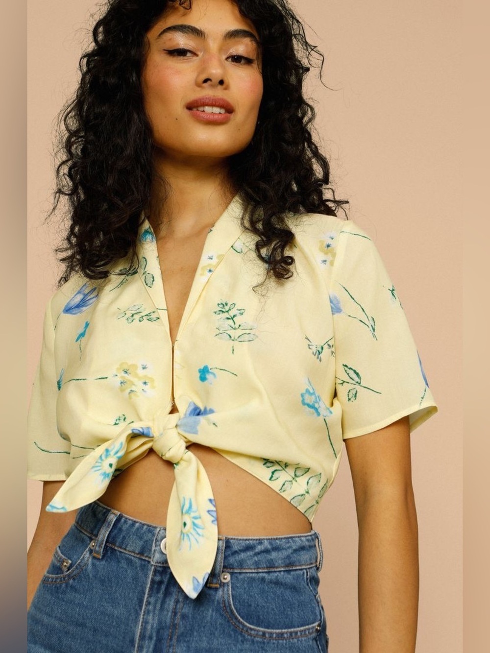 Rouje Fiora Tie-Front Floral Yellow Top